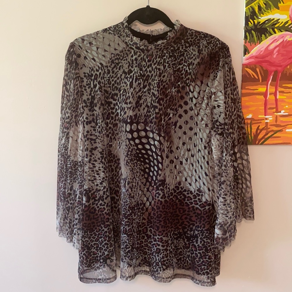 CHICO’S Ruffle Neck Layered Animal Print Blouse